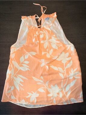Ophelia Roe Peach Tropical Floral Ruffle Halter Blouse / Tank Top